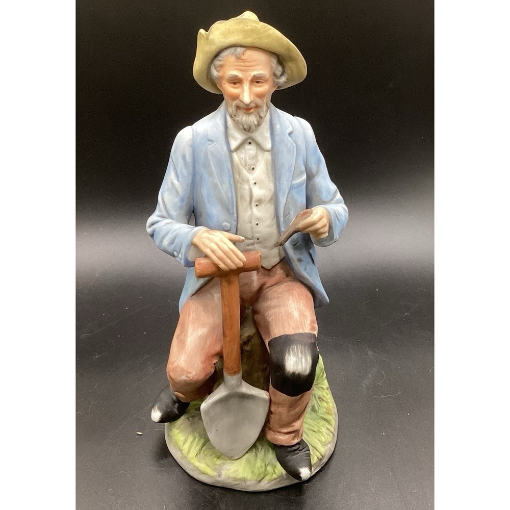 Vintage HOMCO Homesteader Farmer w/ Shovel Porcelain Bisque 8" Tall Decorative